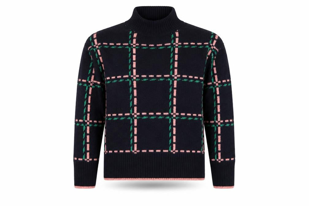 Front view of Next women’s blue mock neck plaid acrylic jumper, size S