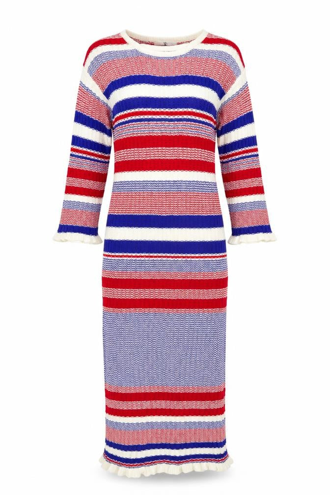 Front view of Very women’s multicoloured striped viscose bodycon, size UK 10, round neck pullover