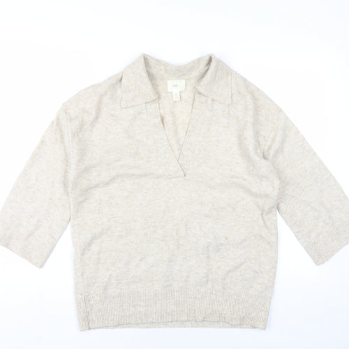 H&M Womens Beige V-Neck Polyester Pullover Jumper Size XS