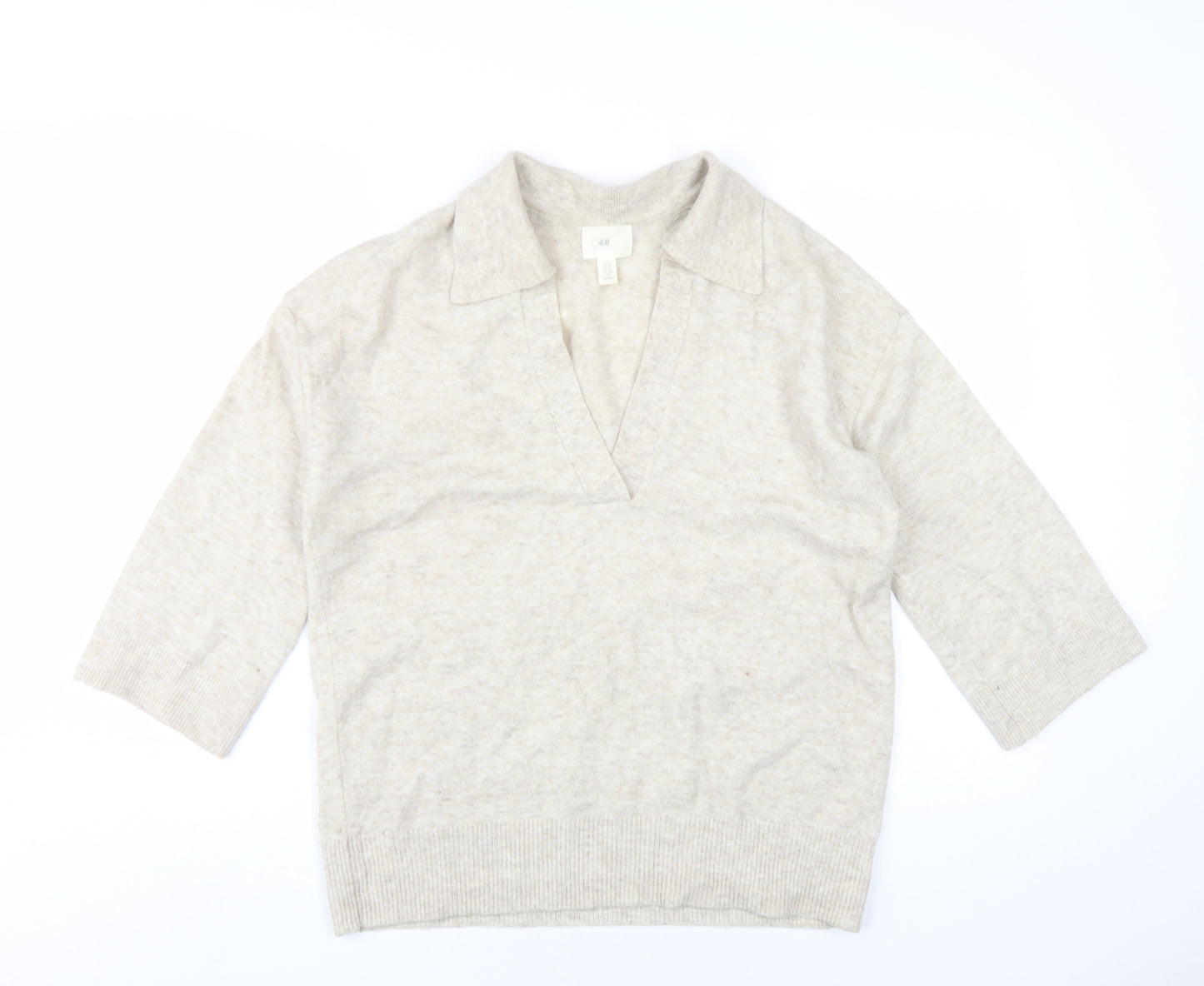 H&M Womens Beige V-Neck Polyester Pullover Jumper Size XS