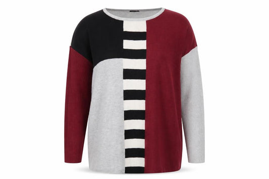 Front view of Izabel London women’s multicoloured round neck geometric polyester jumper, size UK 12
