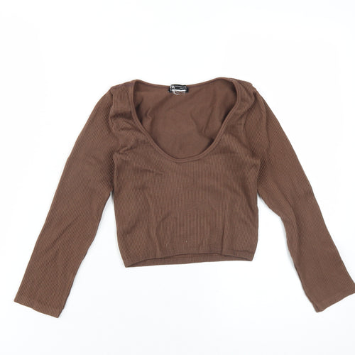 Zara Womens Brown Polyamide Cropped T-Shirt Size XS Scoop Neck