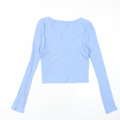 Topshop Womens Blue Cotton Cropped T-Shirt Size L Scoop Neck