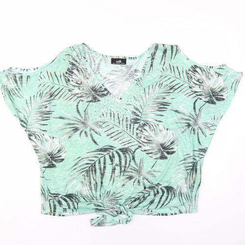 Wallis Womens Green Floral Polyester Basic T-Shirt Size M V-Neck
