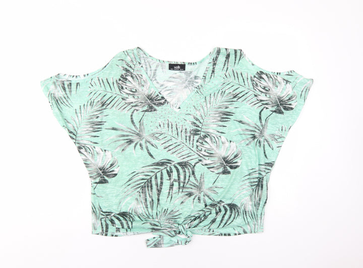 Wallis Womens Green Floral Polyester Basic T-Shirt Size M V-Neck