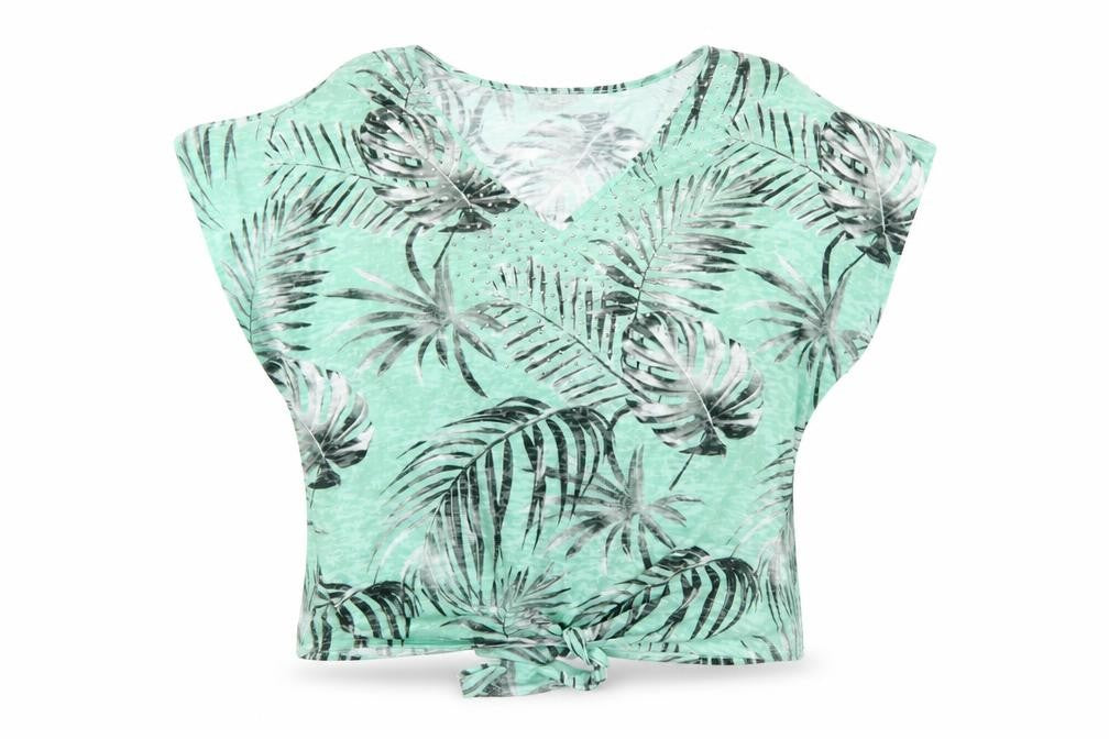 Front view of Wallis women’s green floral polyester basic t-shirt, size M, v-neck