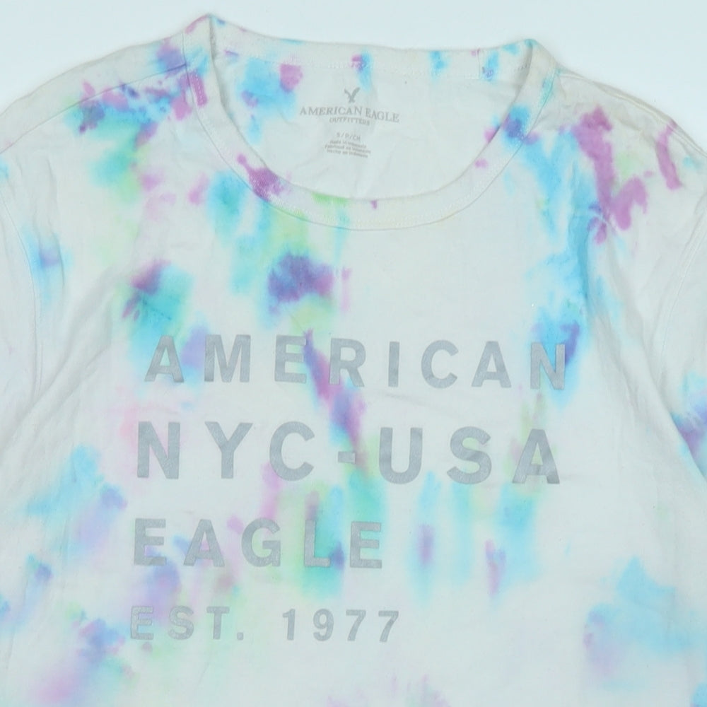 American Eagle Womens White Cotton Basic T-Shirt Size S Crew Neck - Logo - American NYC-USA