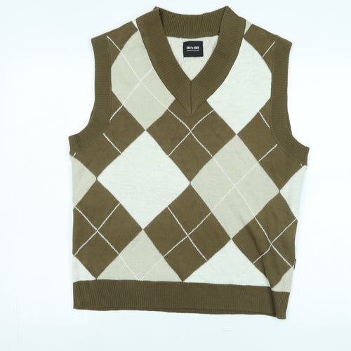 ONLY & SONS Mens Multicoloured V-Neck Argyle/Diamond Acrylic Vest Jumper Size S Sleeveless - Logo