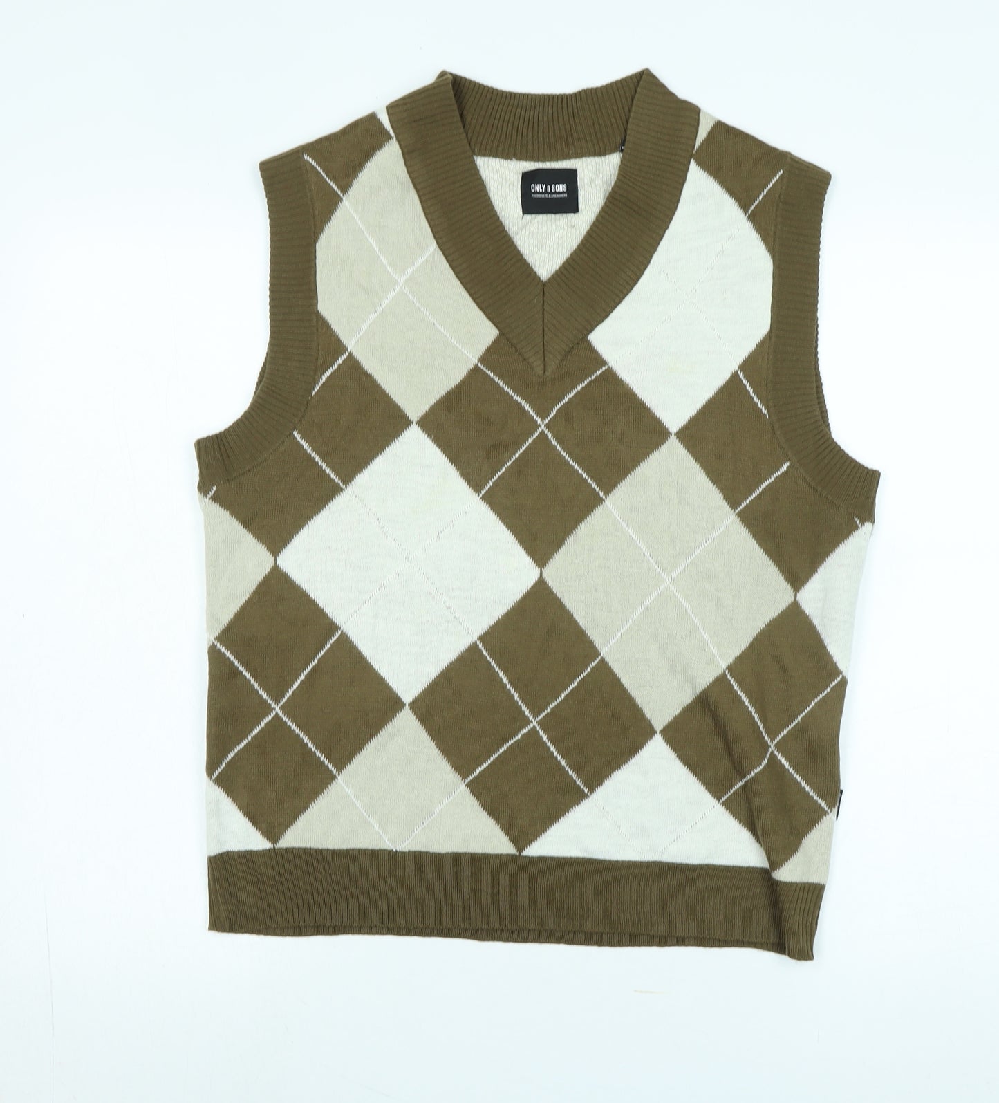 ONLY & SONS Mens Multicoloured V-Neck Argyle/Diamond Acrylic Vest Jumper Size S Sleeveless - Logo