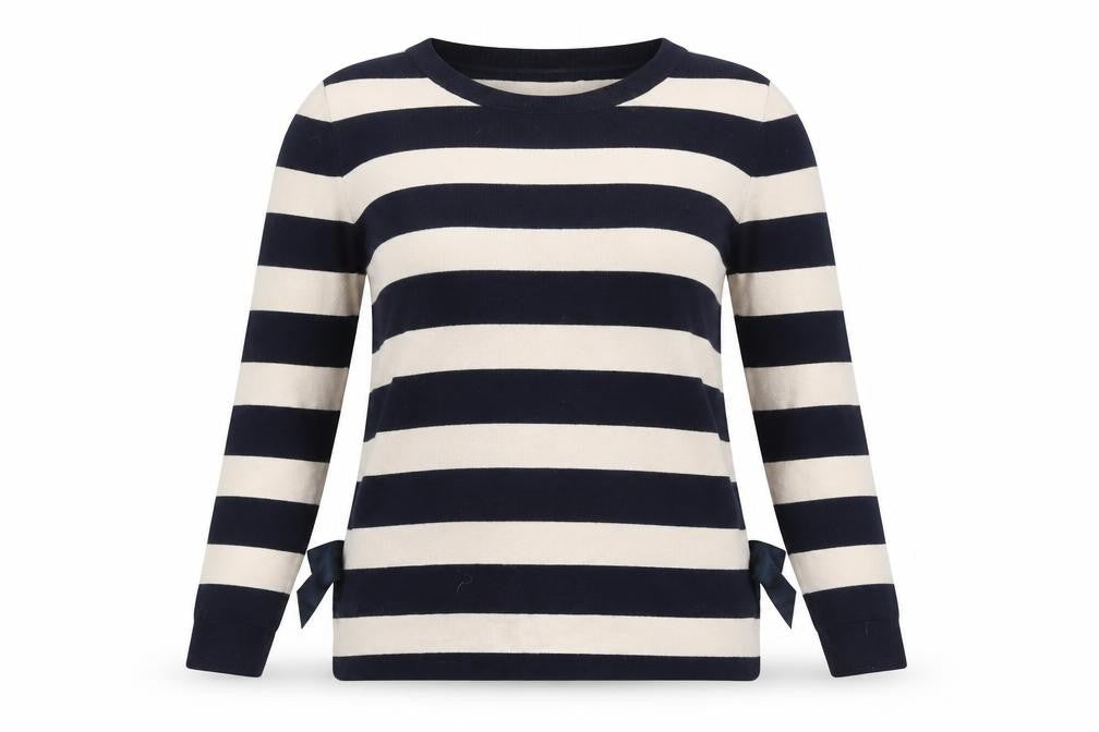 Front view of Oasis women’s blue scoop neck cotton jumper, size L, - logo