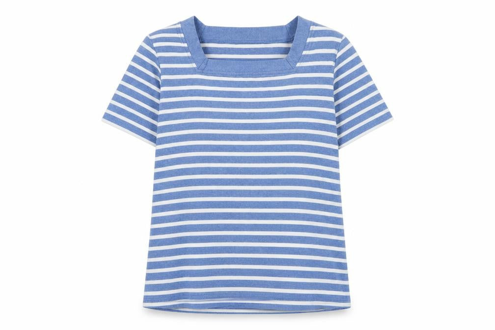 Front view of front de mer women’s blue cotton basic t-shirt, size XL, square neck - logo