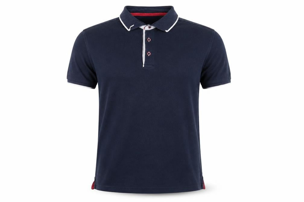 Front view of Clique men’s blue cotton polo, size L, collared button