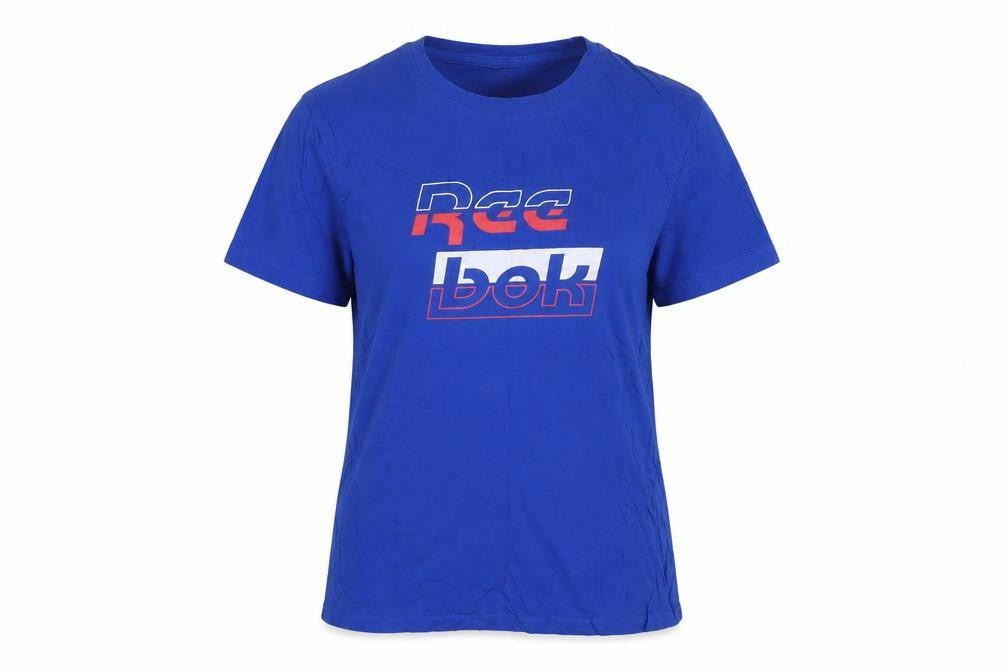 Front view of Reebok women’s blue cotton basic t-shirt, size UK 12, crew neck - logo