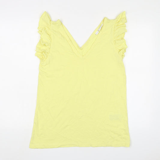 Mama-licious Womens Yellow Cotton Basic T-Shirt Size L V-Neck - Frill