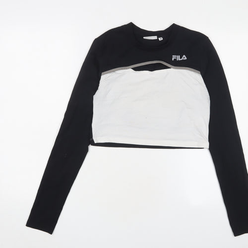 FILA Womens Black Cotton Cropped T-Shirt Size M Crew Neck - Logo