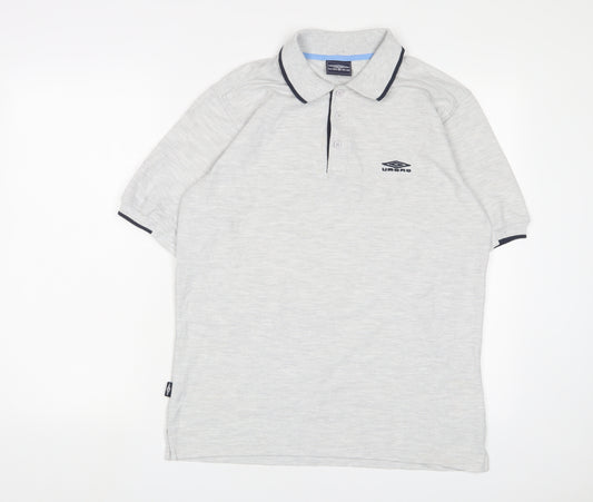 Umbro Mens Grey Polyester Polo Size M Collared Button - Logo, Embroidered