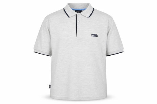 Front view of Umbro men’s grey polyester polo, size M, collared button - logo, embroidered