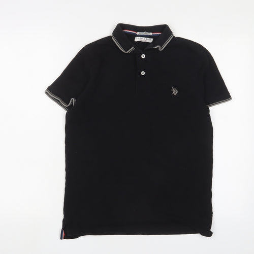 US Polo Assn. Mens Black Cotton Polo Size S Collared Button - Logo, Embroidered