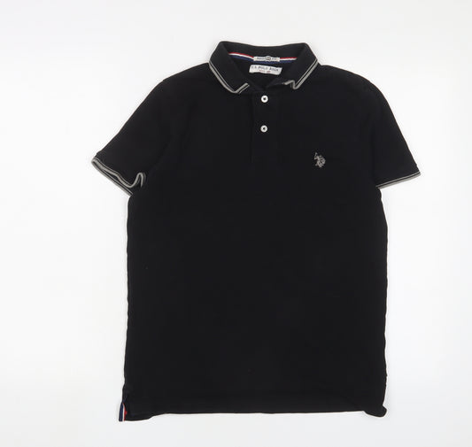 US Polo Assn. Mens Black Cotton Polo Size S Collared Button - Logo, Embroidered