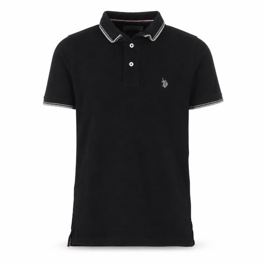 Front view of U.S. Polo Assn. men’s black cotton polo, size S, collared button - logo, embroidered