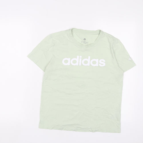 adidas Womens Green Cotton Basic T-Shirt Size 12 Crew Neck - Logo, Embroidered