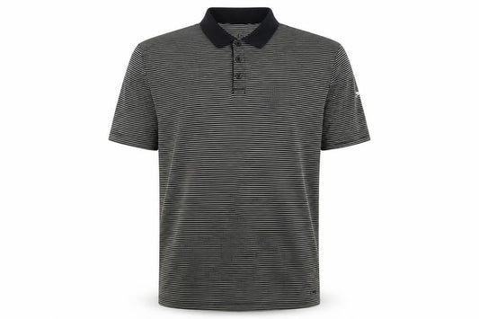 Front view of Slazenger men’s black striped polyester polo, size M, collared button - logo, embroidered