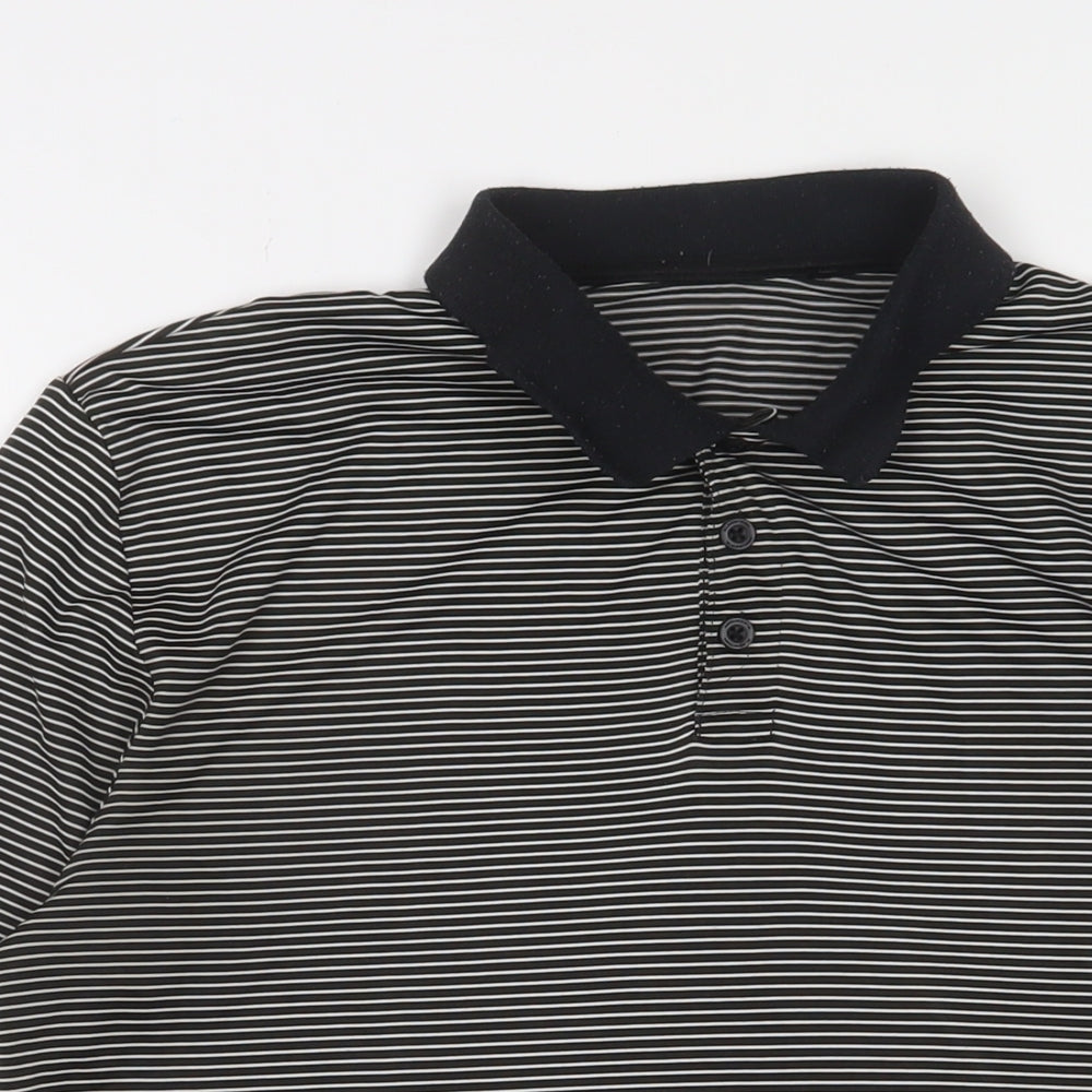 Slazenger Mens Black Striped Polyester Polo Size M Collared Button - Logo, Embroidered