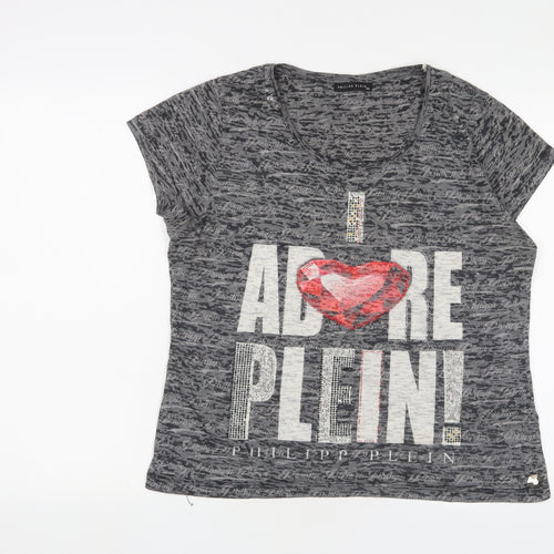 Phillip Plein Womens Grey Cotton Basic T-Shirt Size 2XL Crew Neck - Studded