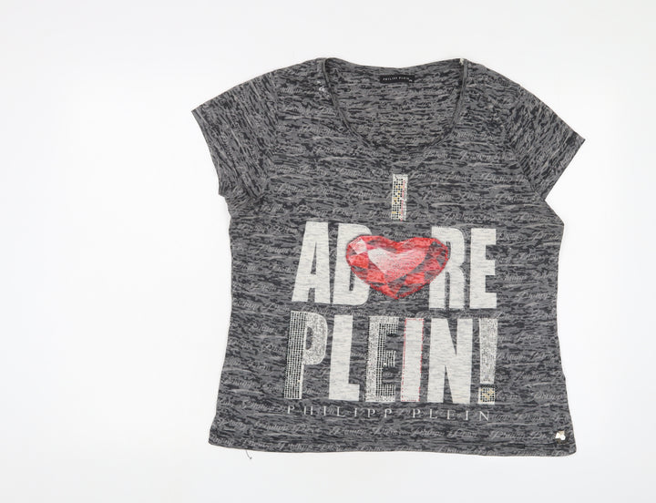 Phillip Plein Womens Grey Cotton Basic T-Shirt Size 2XL Crew Neck - Studded