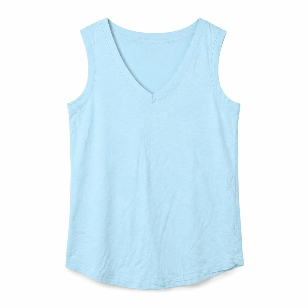 Front view of Gap women’s blue cotton basic t-shirt, size S, v-neck