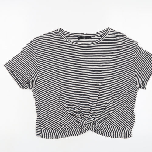 AllSaints Womens Black Striped Cotton Cropped T-Shirt Size L Crew Neck - Tie Front