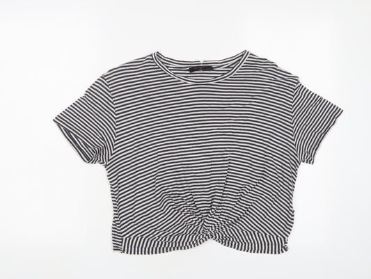 AllSaints Womens Black Striped Cotton Cropped T-Shirt Size L Crew Neck - Tie Front