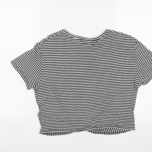 AllSaints Womens Black Striped Cotton Cropped T-Shirt Size L Crew Neck - Tie Front