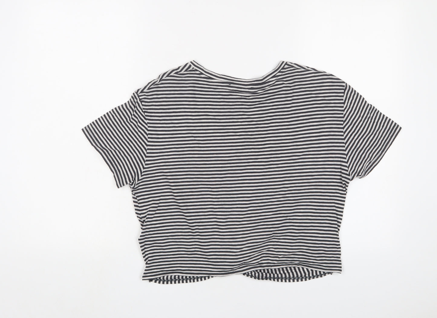 AllSaints Womens Black Striped Cotton Cropped T-Shirt Size L Crew Neck - Tie Front