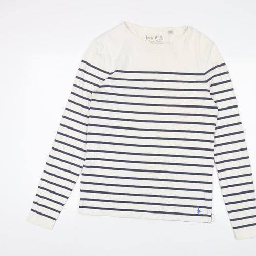 Jack Wills Womens White Striped Cotton Basic T-Shirt Size S Crew Neck - Logo, Embroidered