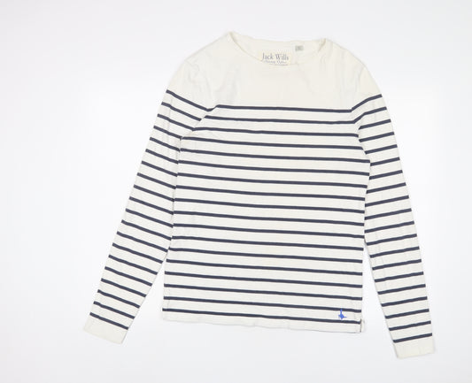 Jack Wills Womens White Striped Cotton Basic T-Shirt Size S Crew Neck - Logo, Embroidered