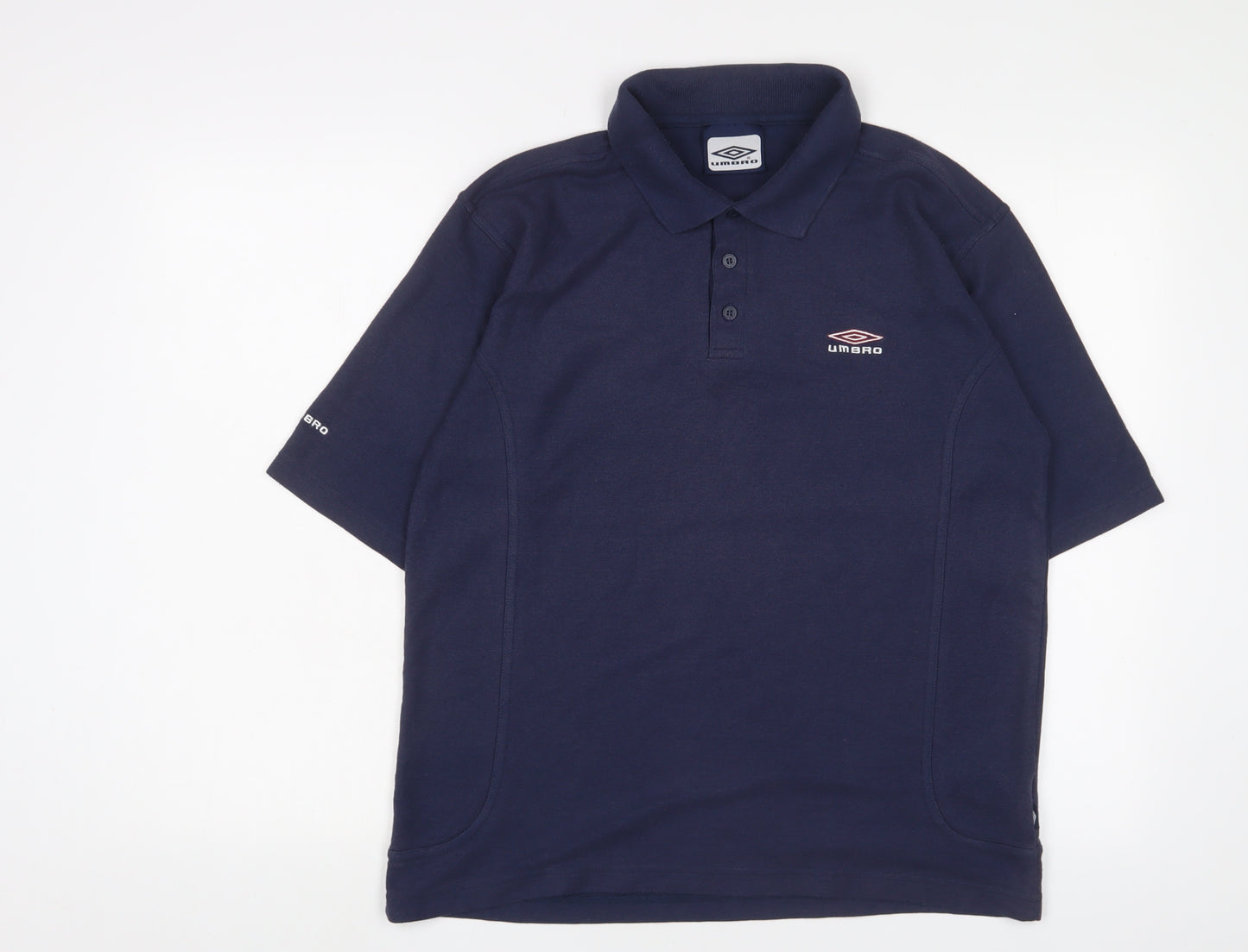 Umbro Mens Blue Cotton Polo Size L Collared Button - Logo, Embroidered