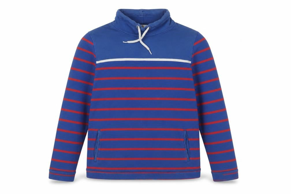Front view of Equestrian women’s blue striped cotton pullover sweatshirt, size UK 10, pullover