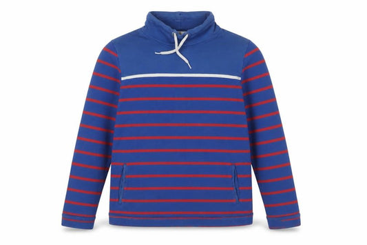 Front view of Equestrian women’s blue striped cotton pullover sweatshirt, size UK 10, pullover