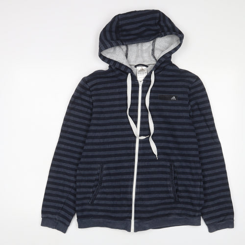 adidas Mens Blue Striped Cotton Full Zip Hoodie Size M - Logo