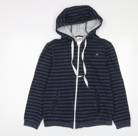 adidas Mens Blue Striped Cotton Full Zip Hoodie Size M - Logo