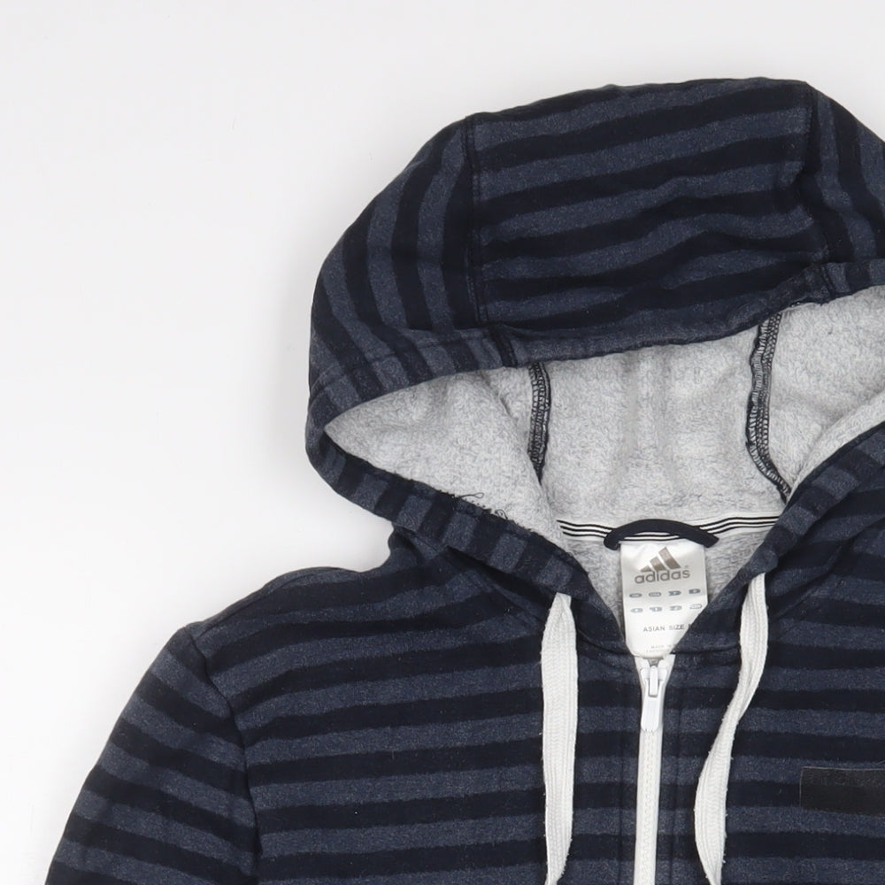 adidas Mens Blue Striped Cotton Full Zip Hoodie Size M - Logo