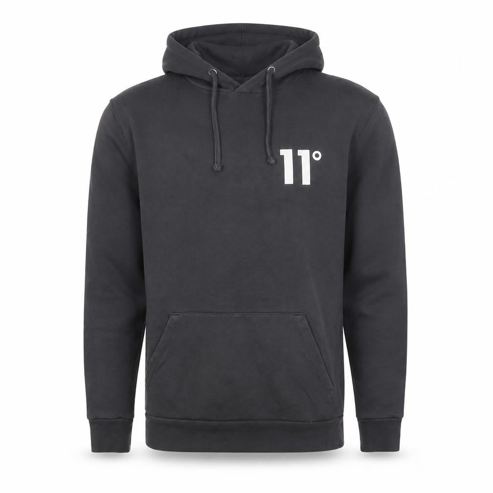 Front view of 11 Degrees men’s grey cotton pullover hoodie, size S, - logo