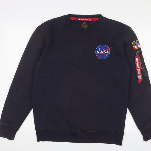 Nasa Mens Blue Cotton Pullover Sweatshirt Size L - Logo, Embroidered