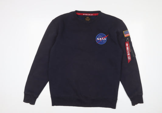 Nasa Mens Blue Cotton Pullover Sweatshirt Size L - Logo, Embroidered