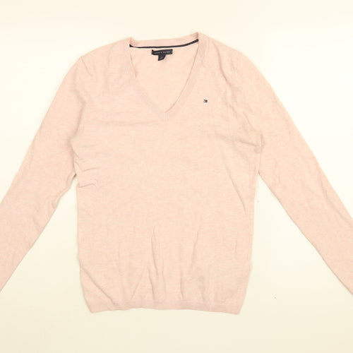 Tommy Hilfiger Womens Pink V-Neck Cotton Pullover Jumper Size S