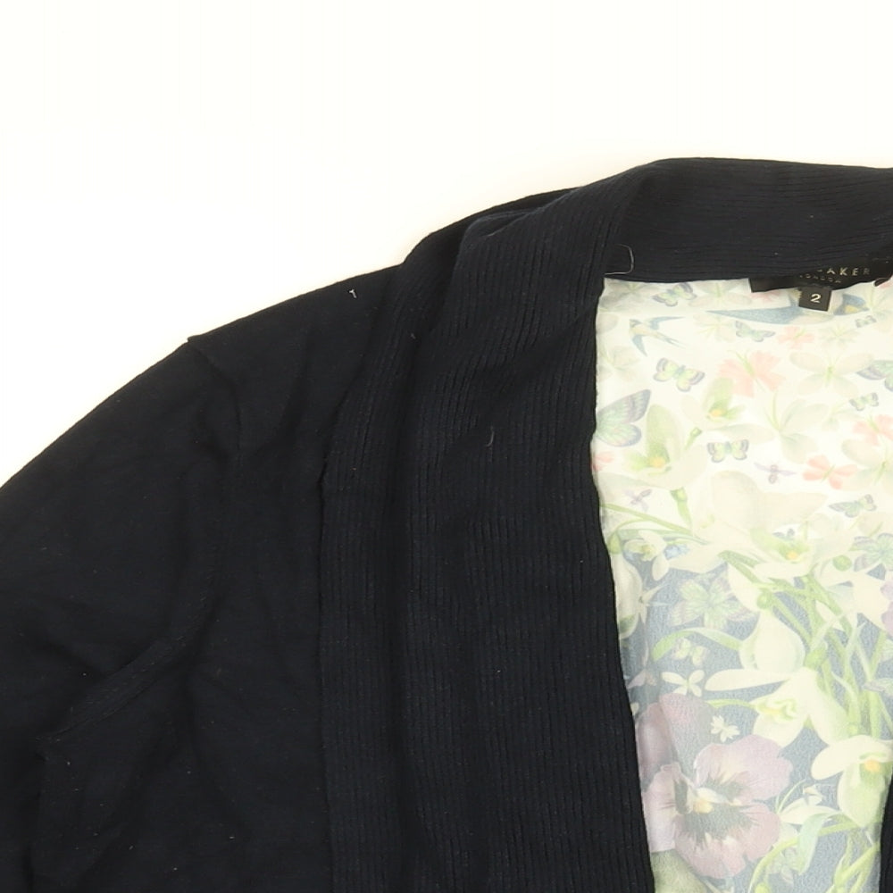 Ted Baker Womens Blue V-Neck Floral Viscose Cardigan Jumper Size 10