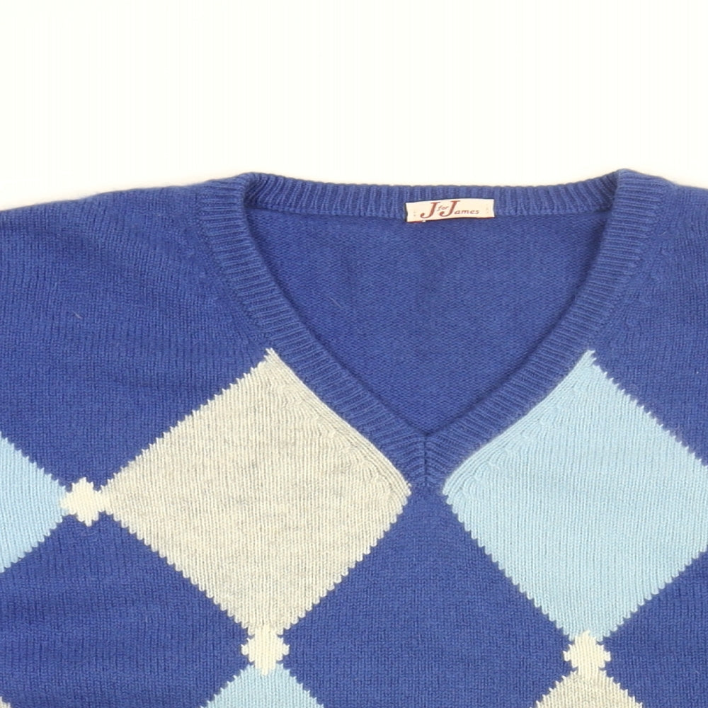 J for James Mens Blue V-Neck Argyle/Diamond Cashmere Pullover Jumper Size L Long Sleeve