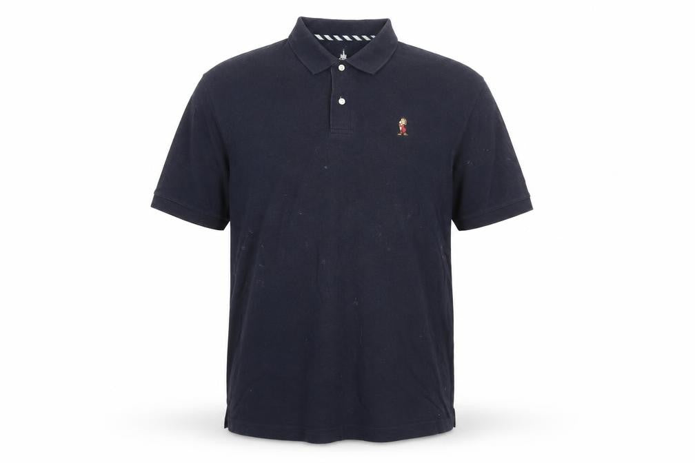 Front view of Disney men’s blue cotton polo, size XL, collared button - snow white grumpy