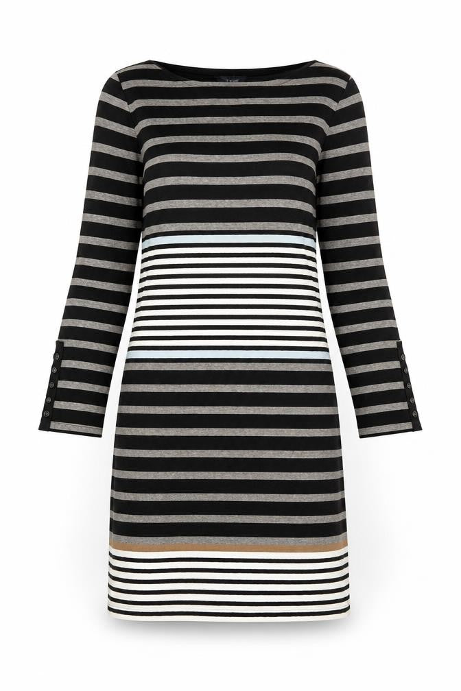 Front view of Hatley women’s black striped cotton shift, size XS, boat neck pullover